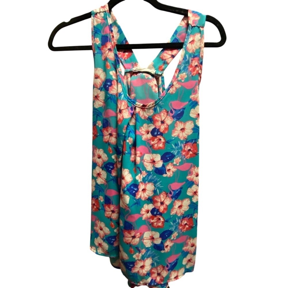 Peach Love California Floral Flamingo Tank Top Sleeveless Teal Blue medium EUC
